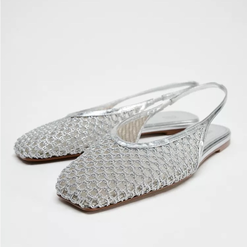 Zara Silver Mesh Slingback Loafers